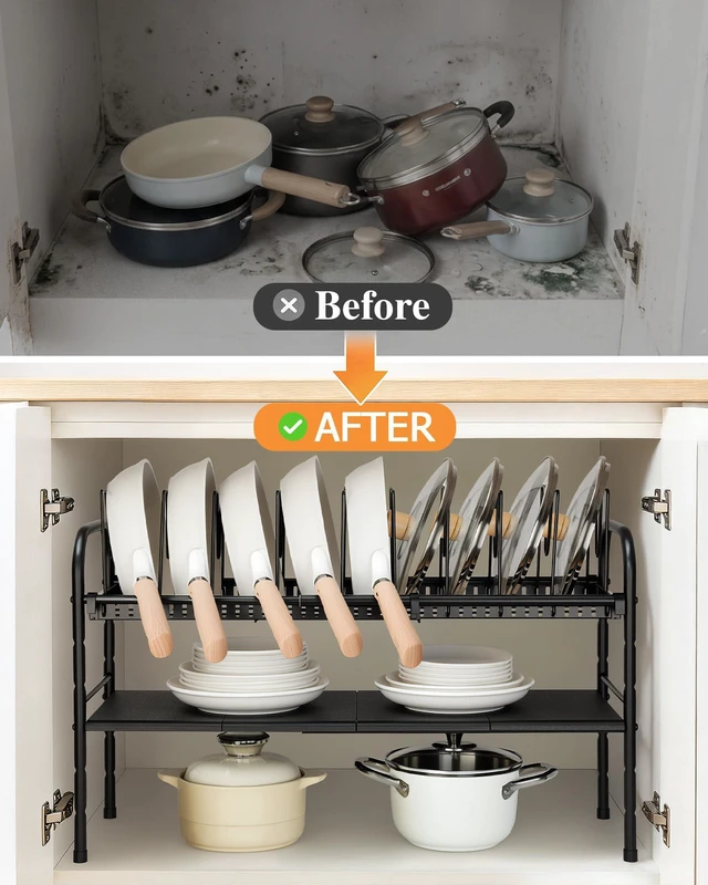 Alt view image 3 of 7 - Pots and Pans Organizer Under Cabinet, 2-Tier Expandable Pot Rack | 10 Dividers for Lid Separation, 5-Level Adjustable Height, Kitchen Cookware Pan Holder Shelf, Carbon Steel Frame