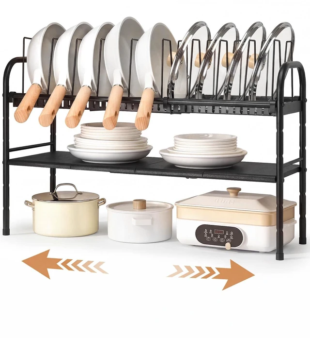 Main image of Pots and Pans Organizer Under Cabinet, 2-Tier Expandable Pot Rack | 10 Dividers for Lid Separation, 5-Level Adjustable Height, Kitchen Cookware Pan Holder Shelf, Carbon Steel Frame