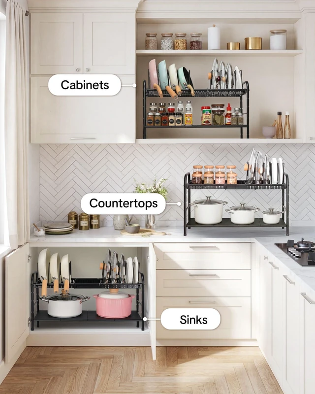 Alt view image 6 of 7 - Pots and Pans Organizer Under Cabinet, 2-Tier Expandable Pot Rack | 10 Dividers for Lid Separation, 5-Level Adjustable Height, Kitchen Cookware Pan Holder Shelf, Carbon Steel Frame