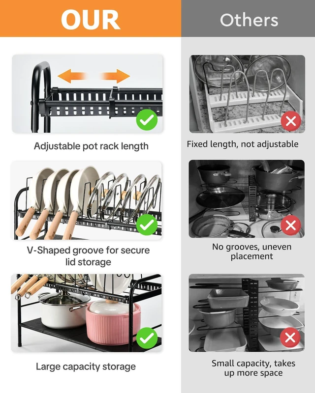 Alt view image 4 of 7 - Pots and Pans Organizer Under Cabinet, 2-Tier Expandable Pot Rack | 10 Dividers for Lid Separation, 5-Level Adjustable Height, Kitchen Cookware Pan Holder Shelf, Carbon Steel Frame