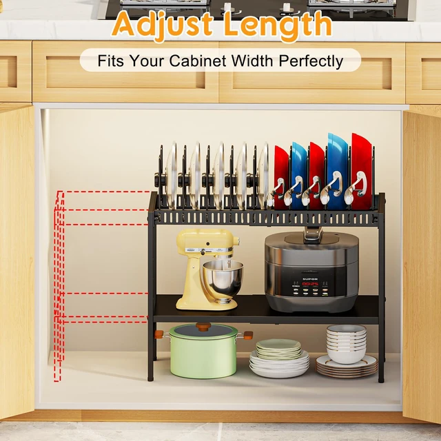 Alt view image 5 of 7 - 2-Tier Pots and Pans Organizer Under Cabinet,Expandable Pots Lid Organizers Inside Cabinet,Adjustable Metal Storage Shelves Organizer Rack with 10 Dividers For Kitchen Pantry Organization and Storage