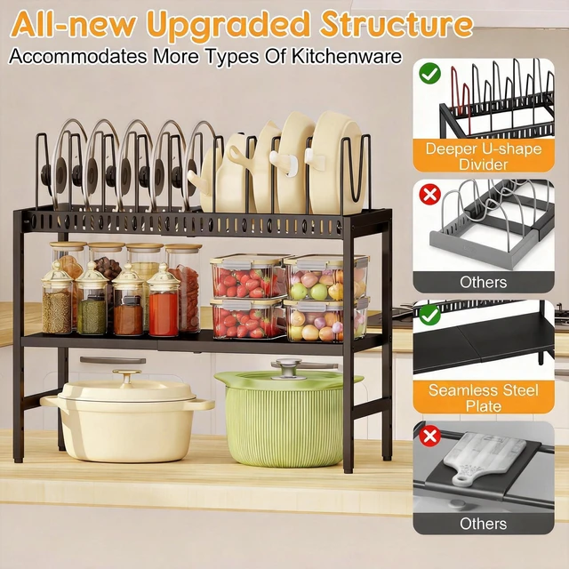 Alt view image 6 of 7 - 2-Tier Pots and Pans Organizer Under Cabinet,Expandable Pots Lid Organizers Inside Cabinet,Adjustable Metal Storage Shelves Organizer Rack with 10 Dividers For Kitchen Pantry Organization and Storage