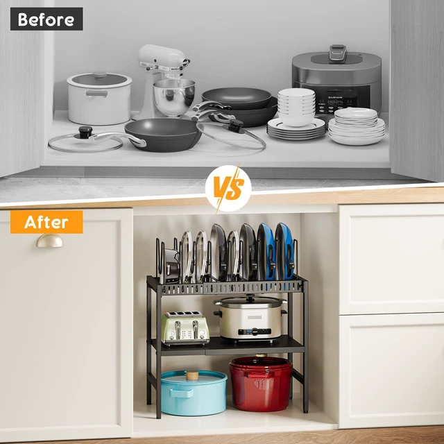 Alt view image 7 of 7 - 2-Tier Pots and Pans Organizer Under Cabinet,Expandable Pots Lid Organizers Inside Cabinet,Adjustable Metal Storage Shelves Organizer Rack with 10 Dividers For Kitchen Pantry Organization and Storage