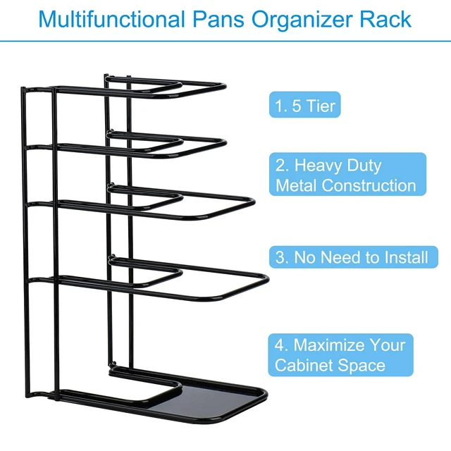 Alt view image 3 of 7 - Heavy Duty Pan Organizer,Storgae Rack for Cast Iron Skillets 2 Pack | 5 Tier Pot and Pan Organizer Rack for Cast Iron Skillets, Griddles, Sturdy Steel Construction, No Assembly Required, Black