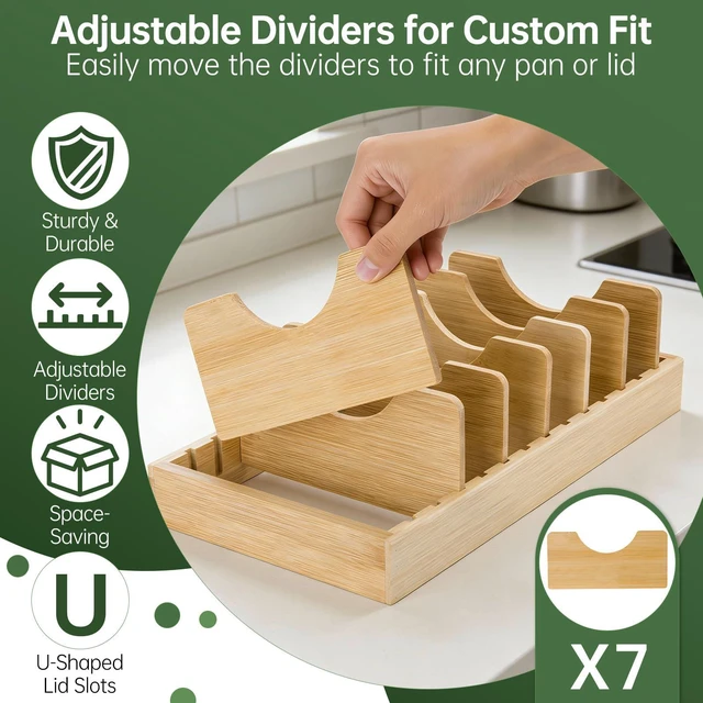 Alt view image 2 of 7 - Pan Organizer Compatible with Caraway, Pots and Pans Organizer Under Cabinet, Bamboo Pot Lid Organizers with Adjustable Dividers, U-Shaped Lid Slots, Ideal for Kitchen Countertop and Cabinet Storage