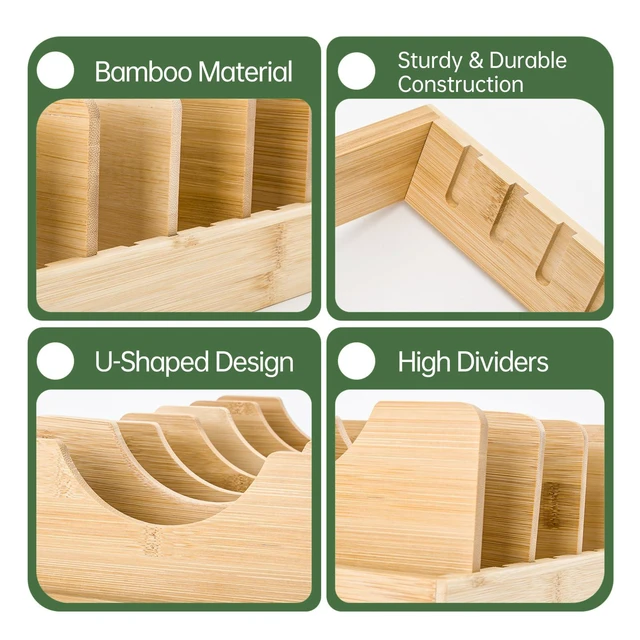 Alt view image 3 of 7 - Pan Organizer Compatible with Caraway, Pots and Pans Organizer Under Cabinet, Bamboo Pot Lid Organizers with Adjustable Dividers, U-Shaped Lid Slots, Ideal for Kitchen Countertop and Cabinet Storage