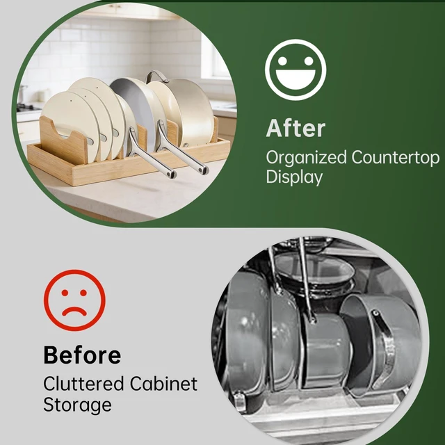 Alt view image 4 of 7 - Pan Organizer Compatible with Caraway, Pots and Pans Organizer Under Cabinet, Bamboo Pot Lid Organizers with Adjustable Dividers, U-Shaped Lid Slots, Ideal for Kitchen Countertop and Cabinet Storage