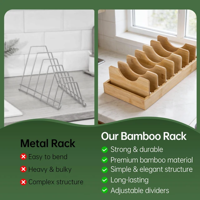 Alt view image 5 of 7 - Pan Organizer Compatible with Caraway, Pots and Pans Organizer Under Cabinet, Bamboo Pot Lid Organizers with Adjustable Dividers, U-Shaped Lid Slots, Ideal for Kitchen Countertop and Cabinet Storage