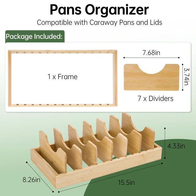 Alt view image 6 of 7 - Pan Organizer Compatible with Caraway, Pots and Pans Organizer Under Cabinet, Bamboo Pot Lid Organizers with Adjustable Dividers, U-Shaped Lid Slots, Ideal for Kitchen Countertop and Cabinet Storage