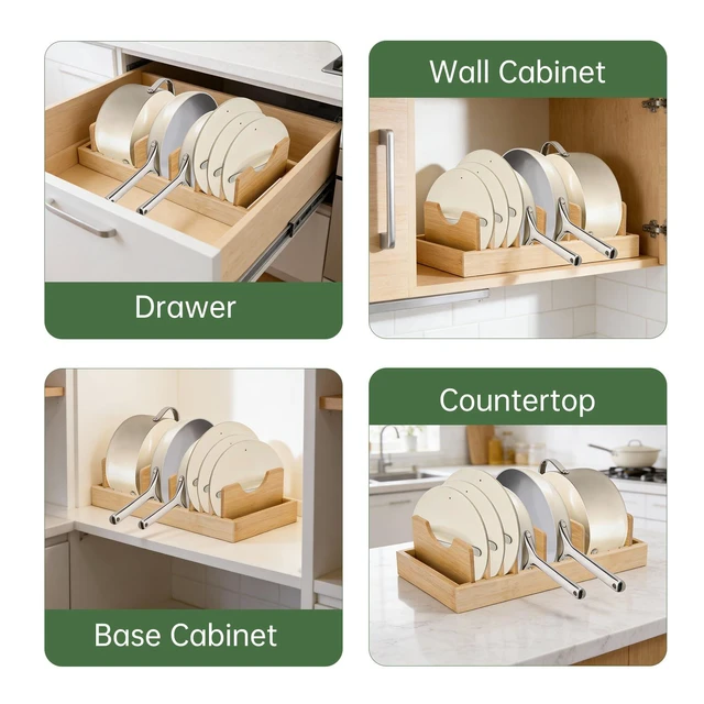 Alt view image 7 of 7 - Pan Organizer Compatible with Caraway, Pots and Pans Organizer Under Cabinet, Bamboo Pot Lid Organizers with Adjustable Dividers, U-Shaped Lid Slots, Ideal for Kitchen Countertop and Cabinet Storage