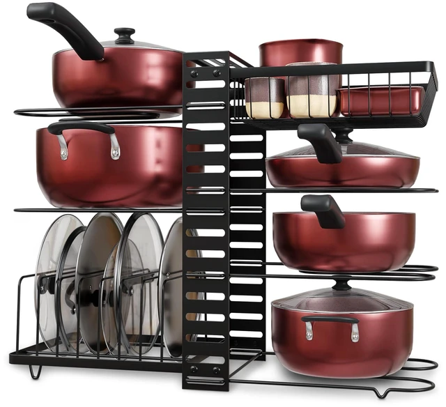 Main image of 7-Tier Pots and Pans Organizer Under Cabinet - Cooking Pot Lid Organizer for Cabinet with Basket for Utensils, Lid Rack - Adjustable Vertical Holder Cookware Storage, Steel Pot Rack for Kitchen