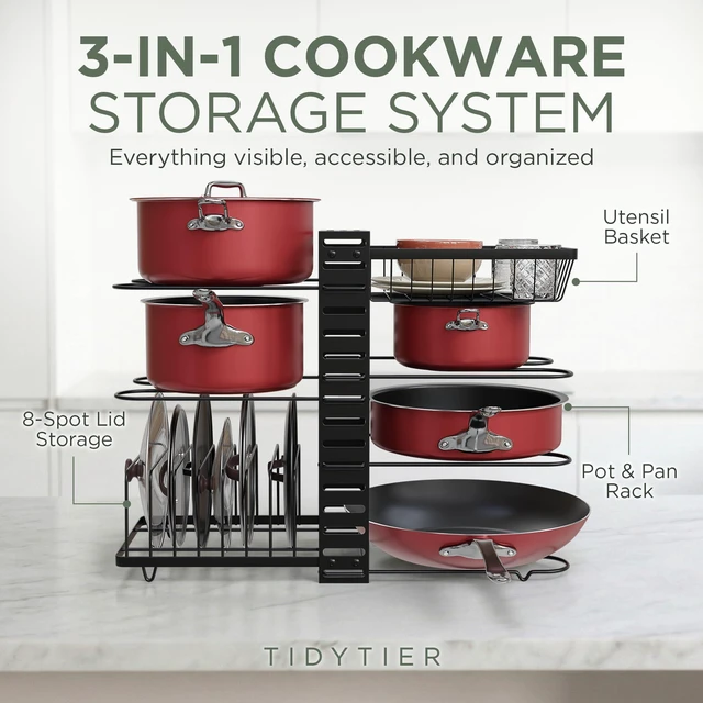 Alt view image 2 of 7 - 7-Tier Pots and Pans Organizer Under Cabinet - Cooking Pot Lid Organizer for Cabinet with Basket for Utensils, Lid Rack - Adjustable Vertical Holder Cookware Storage, Steel Pot Rack for Kitchen