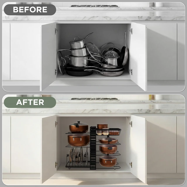Alt view image 5 of 7 - 7-Tier Pots and Pans Organizer Under Cabinet - Cooking Pot Lid Organizer for Cabinet with Basket for Utensils, Lid Rack - Adjustable Vertical Holder Cookware Storage, Steel Pot Rack for Kitchen