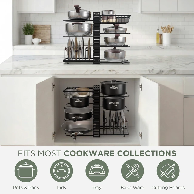 Alt view image 6 of 7 - 7-Tier Pots and Pans Organizer Under Cabinet - Cooking Pot Lid Organizer for Cabinet with Basket for Utensils, Lid Rack - Adjustable Vertical Holder Cookware Storage, Steel Pot Rack for Kitchen