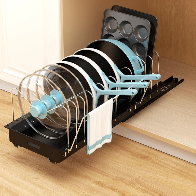 Main image of Pots and Pans Organizer Under Cabinet - 22" Deep Expandable | Pot Organizers inside Cabinet with 10 Adjustable Dividers & Handrail, No Drill Pot Lid Holder, Sliding Pot Lid Holder, 1 Pack