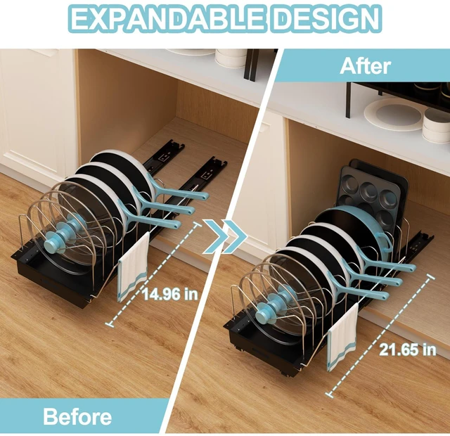 Alt view image 2 of 7 - Pots and Pans Organizer Under Cabinet - 22" Deep Expandable | Pot Organizers inside Cabinet with 10 Adjustable Dividers & Handrail, No Drill Pot Lid Holder, Sliding Pot Lid Holder, 1 Pack