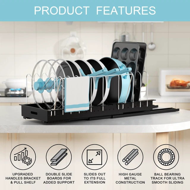 Alt view image 4 of 7 - Pots and Pans Organizer Under Cabinet - 22" Deep Expandable | Pot Organizers inside Cabinet with 10 Adjustable Dividers & Handrail, No Drill Pot Lid Holder, Sliding Pot Lid Holder, 1 Pack