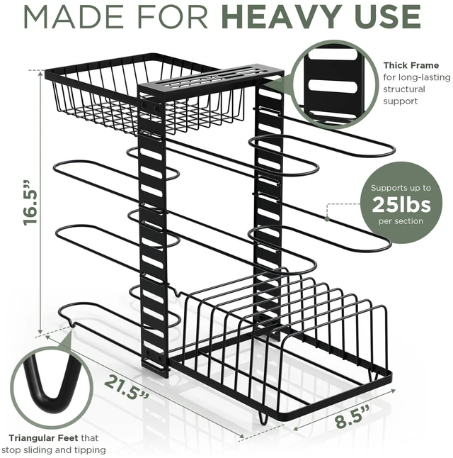 Alt view image 7 of 7 - 7-Tier Pots and Pans Organizer Under Cabinet - Cooking Pot Lid Organizer for Cabinet with Basket for Utensils, Lid Rack - Adjustable Vertical Holder Cookware Storage, Steel Pot Rack for Kitchen