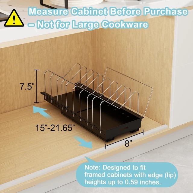 Alt view image 5 of 7 - Pots and Pans Organizer Under Cabinet - 22" Deep Expandable | Pot Organizers inside Cabinet with 10 Adjustable Dividers & Handrail, No Drill Pot Lid Holder, Sliding Pot Lid Holder, 1 Pack