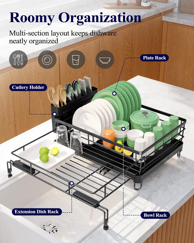 Alt view image 2 of 7 - Adjustable Dish Drying Rack, 15.6''-25.2''L × 16.9''W, Black | Large Dish Drying Rack, Rust-Resistant Dish Racks for Kitchen Counter, With Adjustable Support Legs, Cutlery Holder