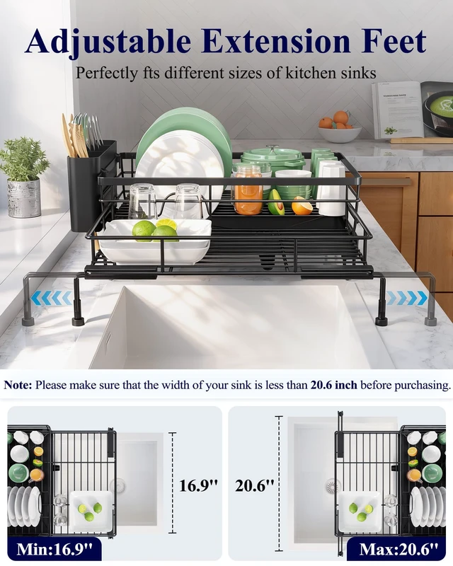 Alt view image 3 of 7 - Adjustable Dish Drying Rack, 15.6''-25.2''L × 16.9''W, Black | Large Dish Drying Rack, Rust-Resistant Dish Racks for Kitchen Counter, With Adjustable Support Legs, Cutlery Holder