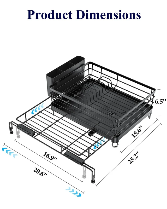 Alt view image 4 of 7 - Adjustable Dish Drying Rack, 15.6''-25.2''L × 16.9''W, Black | Large Dish Drying Rack, Rust-Resistant Dish Racks for Kitchen Counter, With Adjustable Support Legs, Cutlery Holder