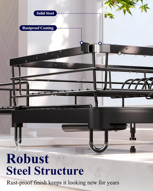 Alt view image 5 of 7 - Adjustable Dish Drying Rack, 15.6''-25.2''L × 16.9''W, Black | Large Dish Drying Rack, Rust-Resistant Dish Racks for Kitchen Counter, With Adjustable Support Legs, Cutlery Holder