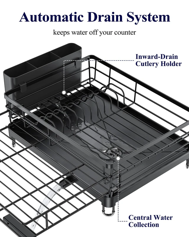 Alt view image 6 of 7 - Adjustable Dish Drying Rack, 15.6''-25.2''L × 16.9''W, Black | Large Dish Drying Rack, Rust-Resistant Dish Racks for Kitchen Counter, With Adjustable Support Legs, Cutlery Holder