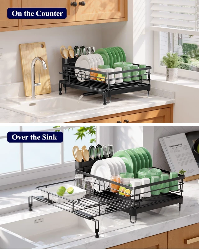 Alt view image 7 of 7 - Adjustable Dish Drying Rack, 15.6''-25.2''L × 16.9''W, Black | Large Dish Drying Rack, Rust-Resistant Dish Racks for Kitchen Counter, With Adjustable Support Legs, Cutlery Holder