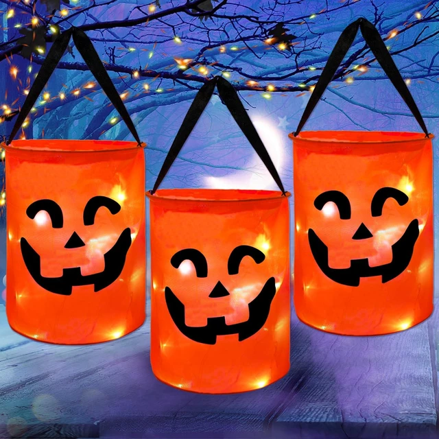 Main image of 3 Pcs LED Light Halloween Candy Bags, Light Up Multipurpose Halloween Trick or Treat Bucket with Pumpkin Smile Face for Halloween Party Favors Goodie Bags,Orange