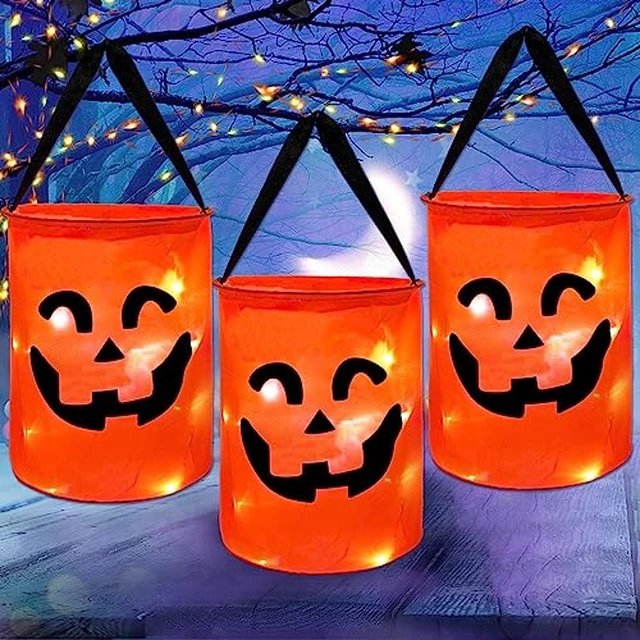 Alt view image 2 of 5 - 3 Pcs LED Light Halloween Candy Bags, Light Up Multipurpose Halloween Trick or Treat Bucket with Pumpkin Smile Face for Halloween Party Favors Goodie Bags,Orange