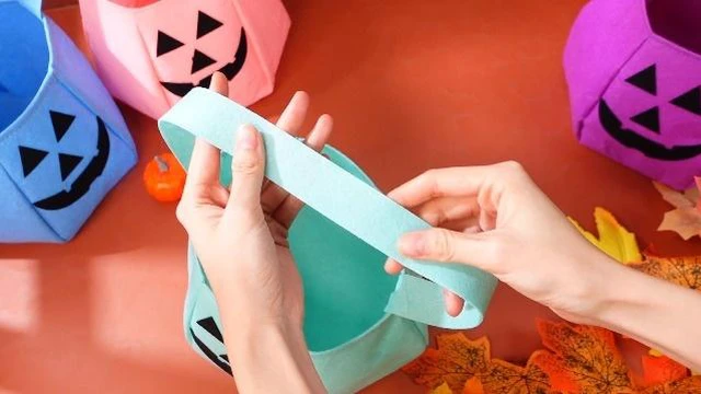 Alt view image 5 of 5 - Halloween Pumpkin Candy Bag Felt Treat Basket, Pastel Blue