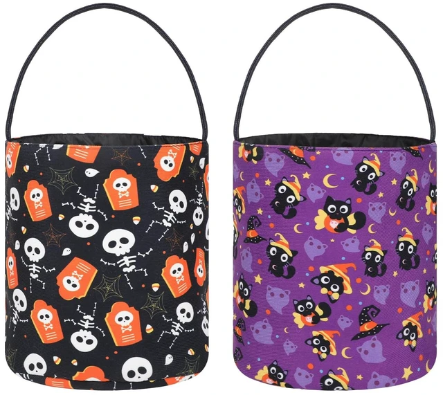 Main image of 2 Pack Kids Halloween Trick or Treat Buckets, Black Purple Cute Canvas Candy Tote Buckets Halloween Baskets 8 x 10 Inch