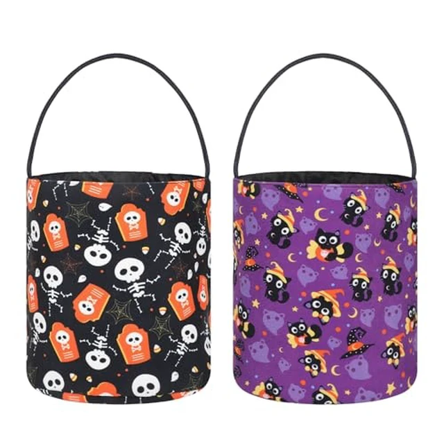 Alt view image 2 of 2 - 2 Pack Kids Halloween Trick or Treat Buckets, Black Purple Cute Canvas Candy Tote Buckets Halloween Baskets 8 x 10 Inch