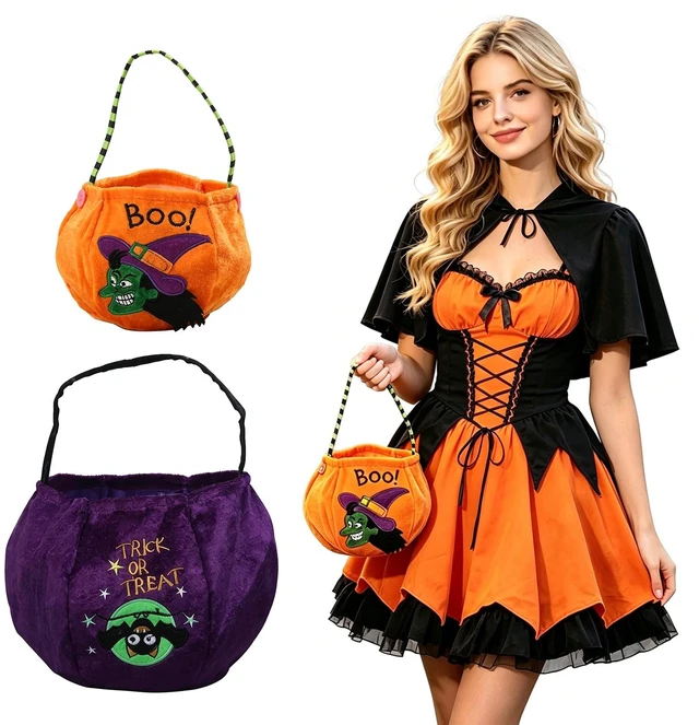 Main image of 2Pcs Halloween Basket, Halloween Bucket, Candy Bucket, Halloween Pumpkin Style for Trick Or Treat, Costume Party Favors Supplies