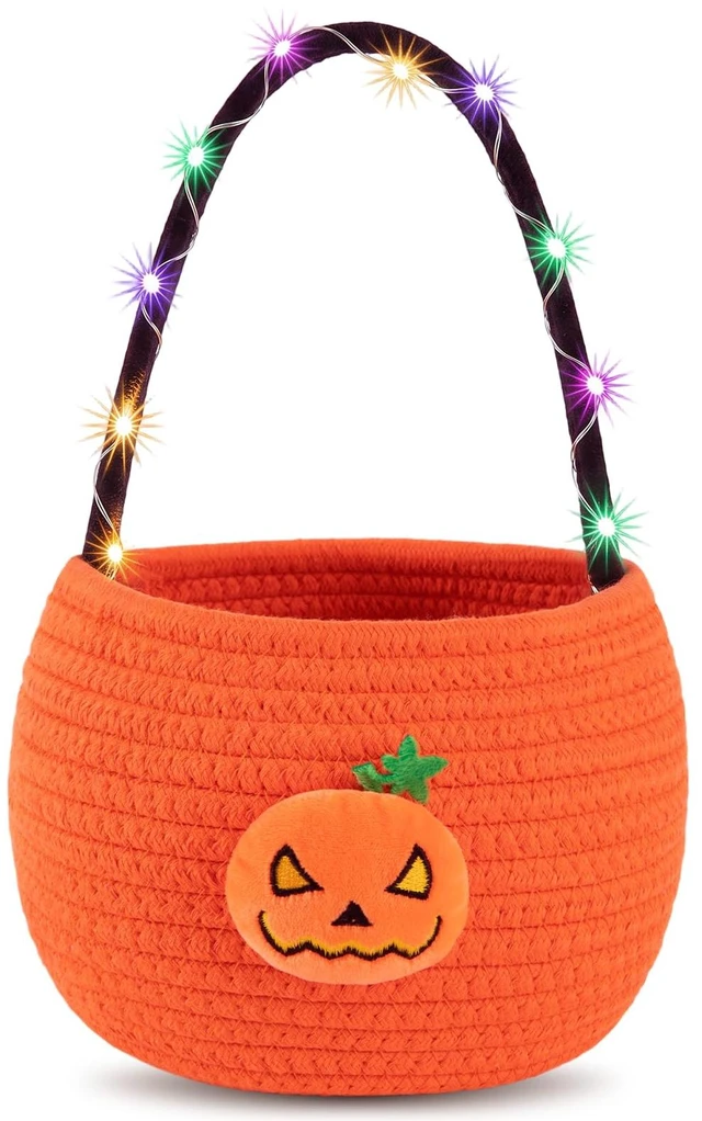 Main image of Halloween Trick or Treat Basket for Kids, LED Light Up Pumpkin Candy Bucket | Small Woven Cotton Rope Boo Basket with Handle, Cute Halloween Basket for Halloween Party & Gifts,7.87"x6.5"x5.91" ,Orange