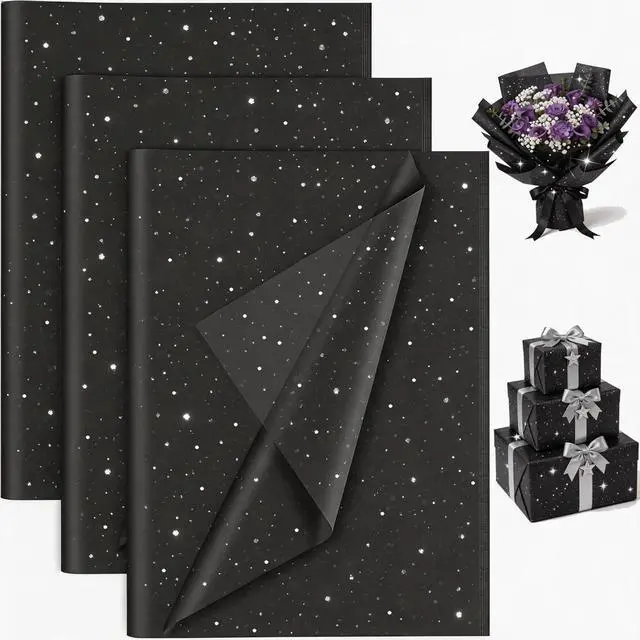 Main image of Black Glitter Tissue Paper for Gift Bags 20x20 Inch - 30 Sheets Recyclable Wrapping Tissue Paper Bulk for DIY Crafts Birthday Baby Shower Festival Holidays Decorative