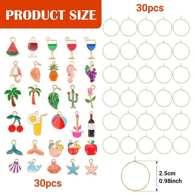 Alt view image 2 of 7 - 30 Pcs Wine Glass Charms, Drink Markers & Identifiers, Summer Beach Themed Wine Charms For Stem Glasses, Funny Wines Glass Markers for Party Decorations