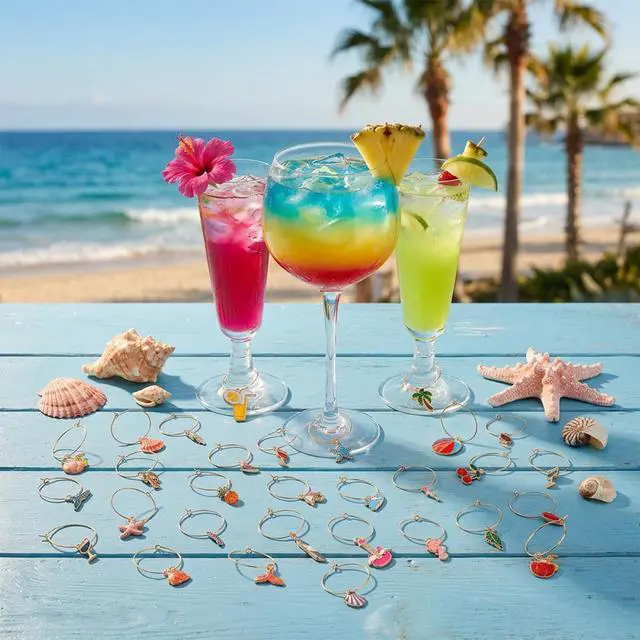 Alt view image 3 of 7 - 30 Pcs Wine Glass Charms, Drink Markers & Identifiers, Summer Beach Themed Wine Charms For Stem Glasses, Funny Wines Glass Markers for Party Decorations