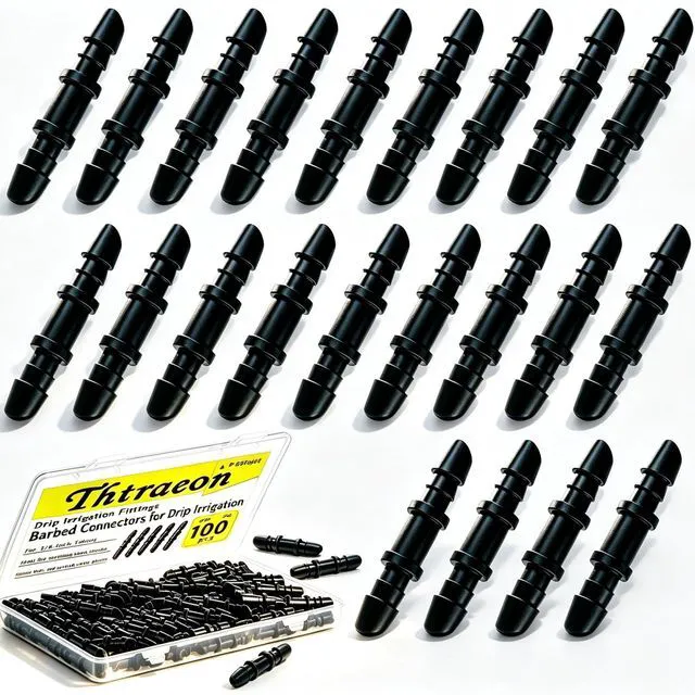 Main image of 100 Pcs Barbed Coupling Connectors for 1/4 Inch Drip Irrigation Tubing with Storage Case - Black Drip Line Fittings for Garden, Greenhouse, Raised Beds, Lawn & Potted Plants