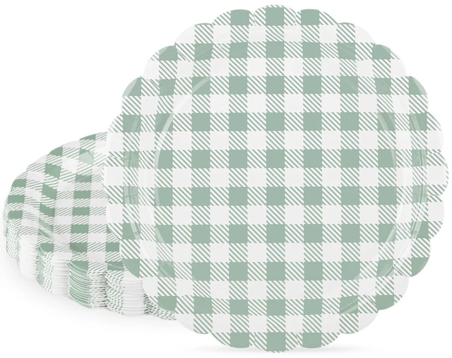 Main image of 30 Pcs Sage Green Gingham Paper Plates, 7 Inch Scalloped | Thick Coated Paper, Oil- And Water-Resistant, Disposable Dessert Plates For Easter, Baby Shower, Picnic And Party Use