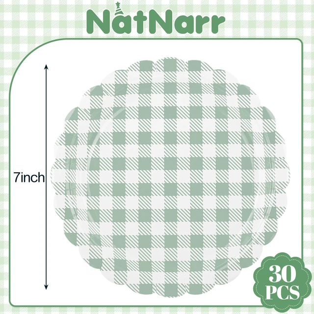 Alt view image 2 of 7 - 30 Pcs Sage Green Gingham Paper Plates, 7 Inch Scalloped | Thick Coated Paper, Oil- And Water-Resistant, Disposable Dessert Plates For Easter, Baby Shower, Picnic And Party Use