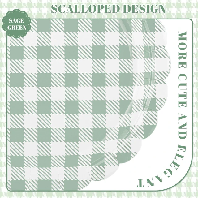 Alt view image 3 of 7 - 30 Pcs Sage Green Gingham Paper Plates, 7 Inch Scalloped | Thick Coated Paper, Oil- And Water-Resistant, Disposable Dessert Plates For Easter, Baby Shower, Picnic And Party Use