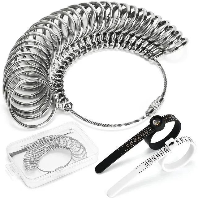 Main image of Sizer Measuring Tool, 3 Types, 27 Pcs Metal Ring Sizing Kit | US Ring Sizes 0-13 with Half Size, 2 Pcs Plastic Finger Measurer for Men, Women, USA 1-17 with Magnified Glass