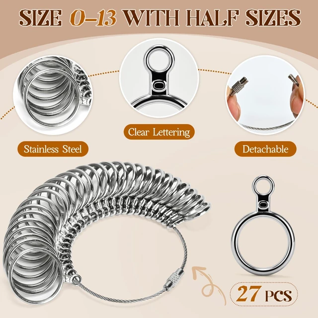 Alt view image 2 of 7 - Sizer Measuring Tool, 3 Types, 27 Pcs Metal Ring Sizing Kit | US Ring Sizes 0-13 with Half Size, 2 Pcs Plastic Finger Measurer for Men, Women, USA 1-17 with Magnified Glass