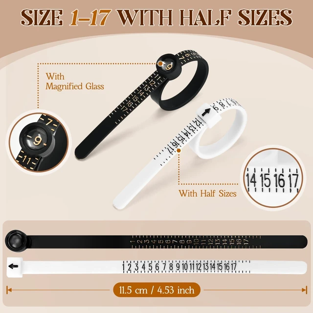 Alt view image 3 of 7 - Sizer Measuring Tool, 3 Types, 27 Pcs Metal Ring Sizing Kit | US Ring Sizes 0-13 with Half Size, 2 Pcs Plastic Finger Measurer for Men, Women, USA 1-17 with Magnified Glass