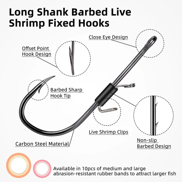Alt view image 2 of 7 - Baitholder Fishing Hooks, 20pcs Live Shrimp Fixed Hooks Carbon Steel Long Shank Barbed Hooks for Catfish and Bass 2/0