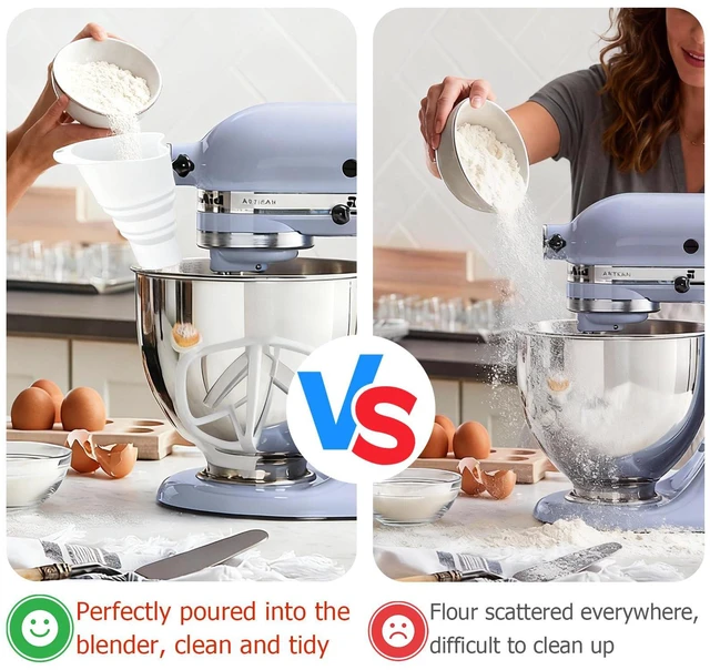 Alt view image 4 of 7 - Flour Funnel Attachment for KitchenAid Stand Mixer, Hands-Free No-Spill Pouring Shield for Tilt-Head 4.5 & 5 Qt Bowls (KSM150), Dishwasher Safe Baking Accessory for Dry & Liquid Ingredients (Soft)