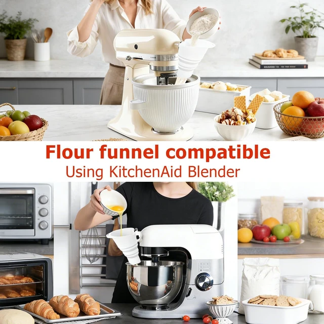 Alt view image 5 of 7 - Flour Funnel Attachment for KitchenAid Stand Mixer, Hands-Free No-Spill Pouring Shield for Tilt-Head 4.5 & 5 Qt Bowls (KSM150), Dishwasher Safe Baking Accessory for Dry & Liquid Ingredients (Soft)