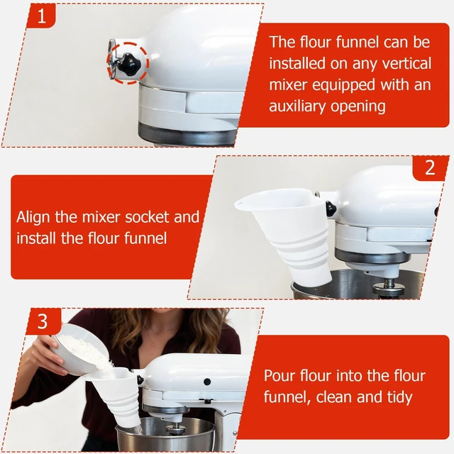 Alt view image 6 of 7 - Flour Funnel Attachment for KitchenAid Stand Mixer, Hands-Free No-Spill Pouring Shield for Tilt-Head 4.5 & 5 Qt Bowls (KSM150), Dishwasher Safe Baking Accessory for Dry & Liquid Ingredients (Soft)